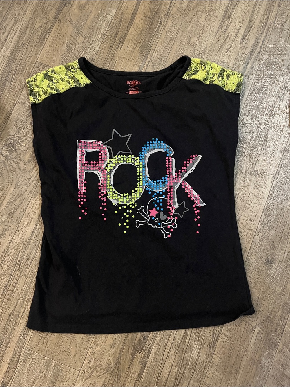 Kids BONGO Black Tee with Neon Yellow Lace